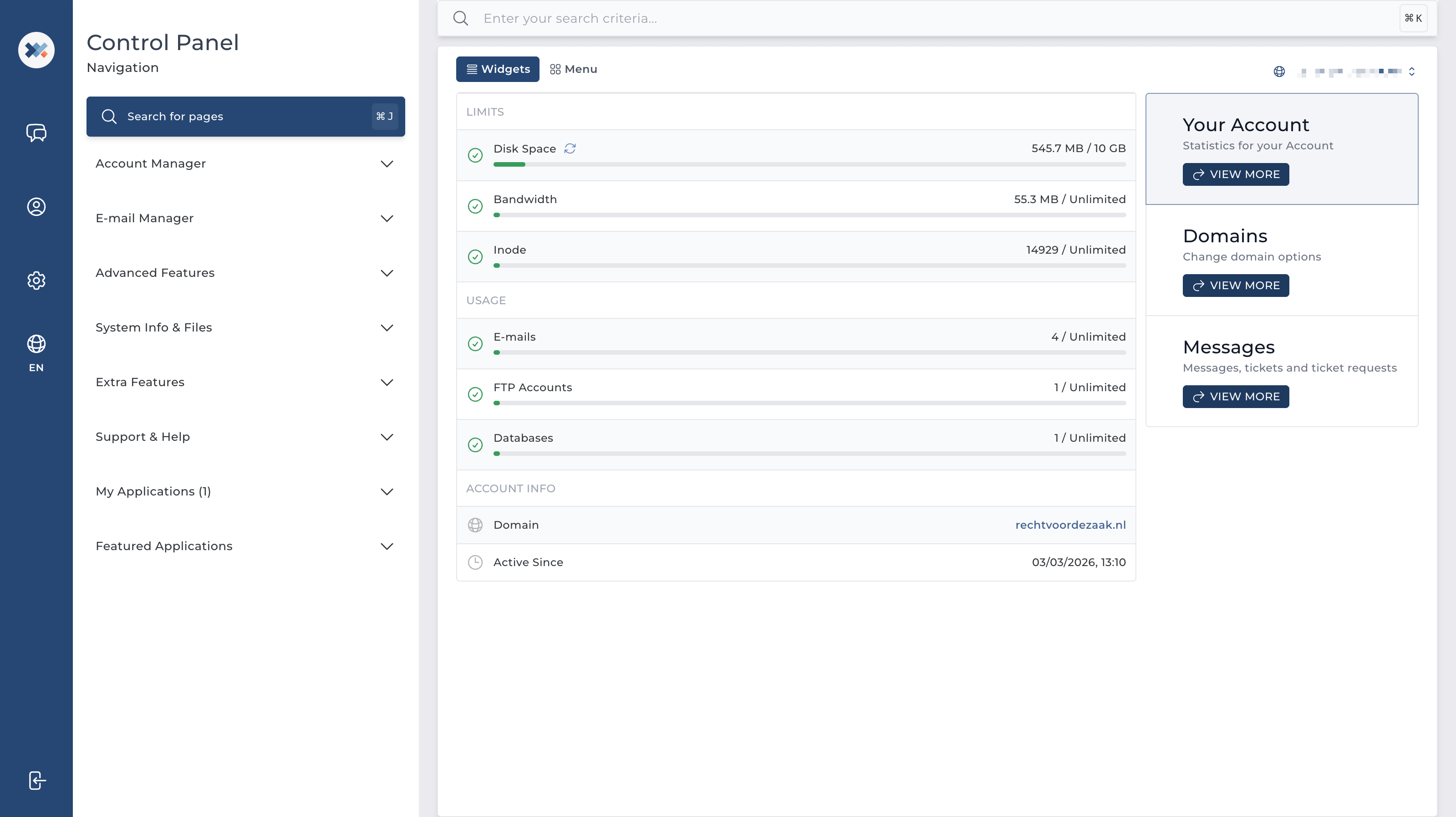 Screenshot van DirectAdmin controlepaneel