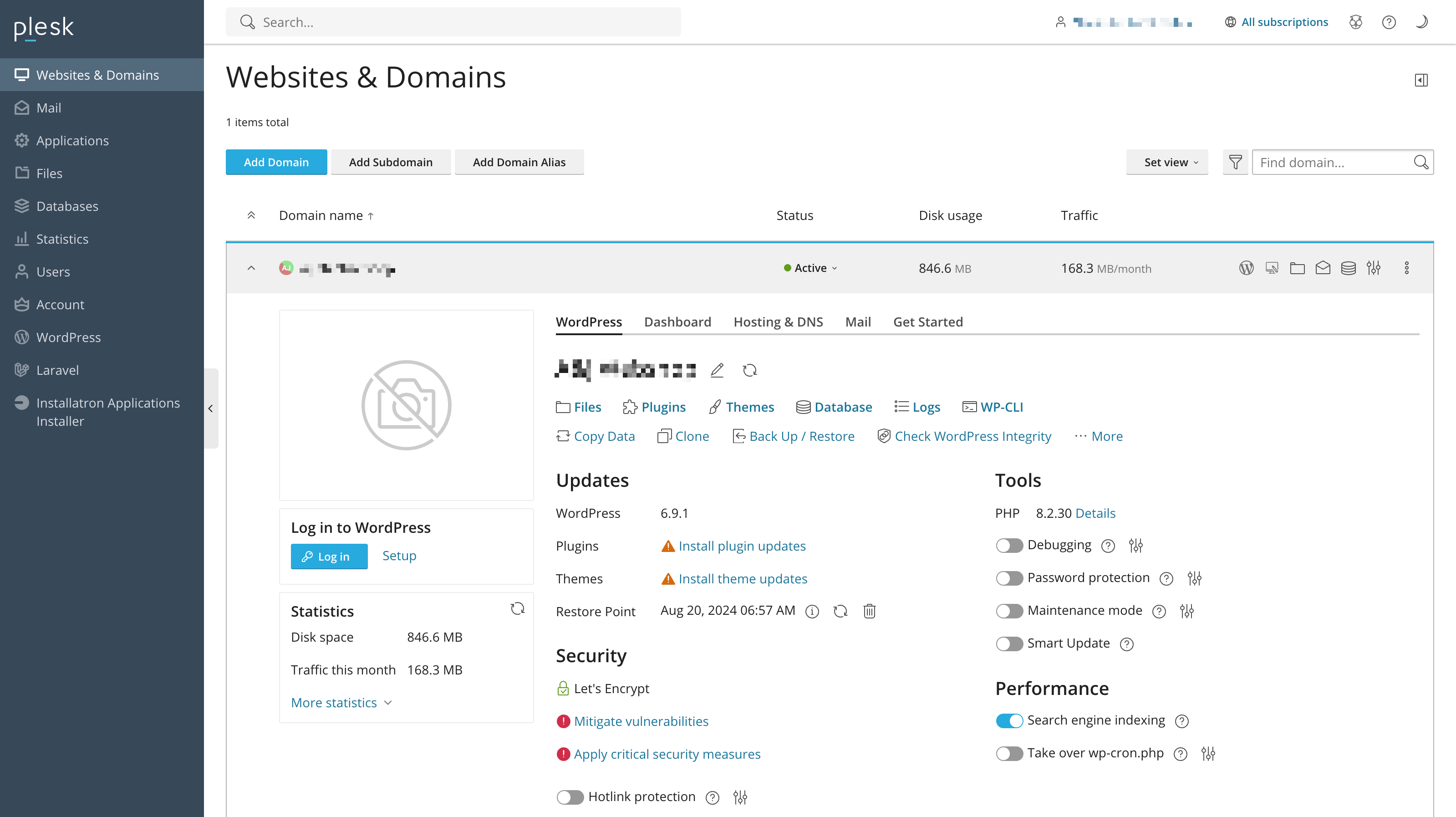 Screenshot van Plesk controlepaneel